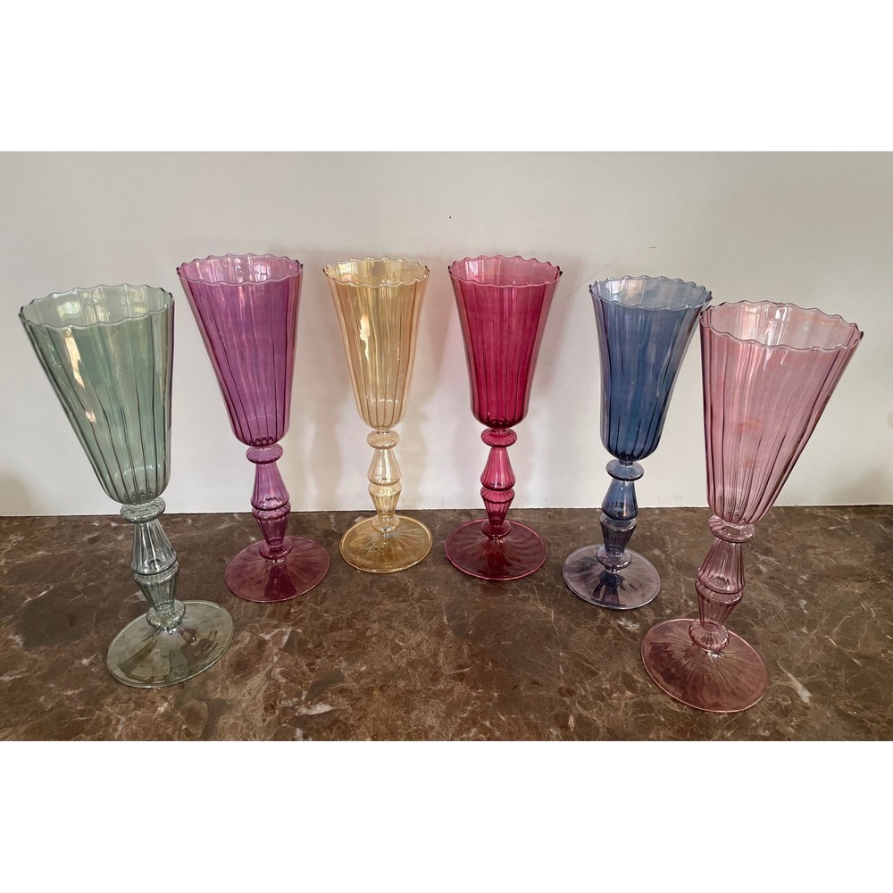 6 Handblown Venetian Murano Glass Iridescent Ribbed Champagne Flutes Multicolor - Picture 2 of 16